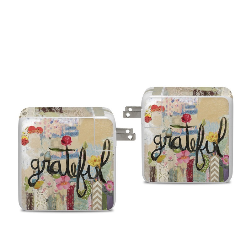 Apple 96W USB-C Power Adapter Skin design of Pink, Art, Modern art, Font, Textile, Illustration, Plant, Pattern, Flower, Still life, with red, blue, black, green, pink, yellow, brown colors