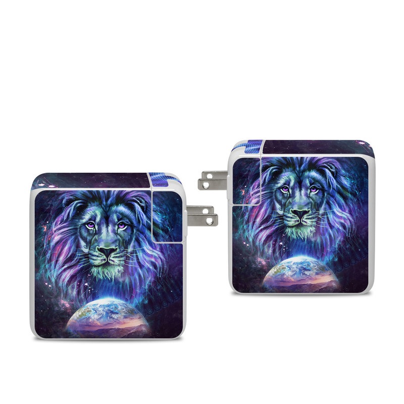 Apple 96W USB-C Power Adapter Skin design of Lion, Felidae, Purple, Wildlife, Big cats, Illustration, Darkness, Space, Painting, Art, with purple, blue, green, black, white, red colors