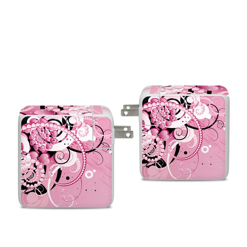 Apple 96W USB-C Power Adapter Skin design of Pink, Floral design, Graphic design, Text, Design, Flower Arranging, Pattern, Illustration, Flower, Floristry, with pink, gray, black, white, purple, red colors