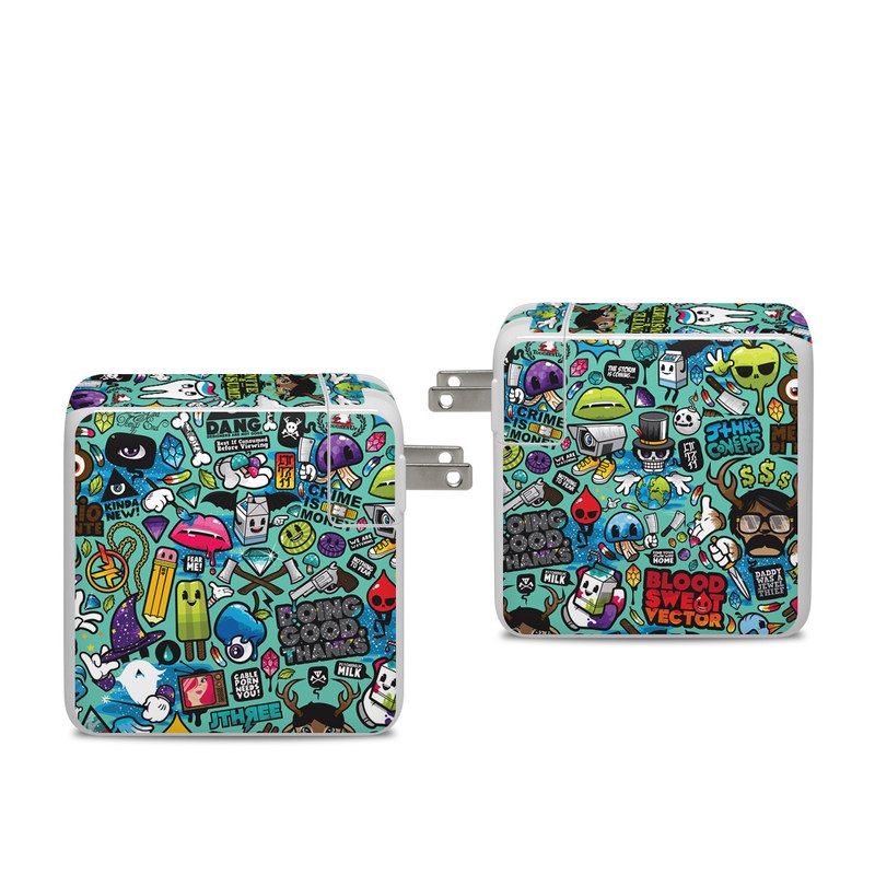 Apple 96W USB-C Power Adapter Skin design of Cartoon, Art, Pattern, Design, Illustration, Visual arts, Doodle, Psychedelic art, with black, blue, gray, red, green colors