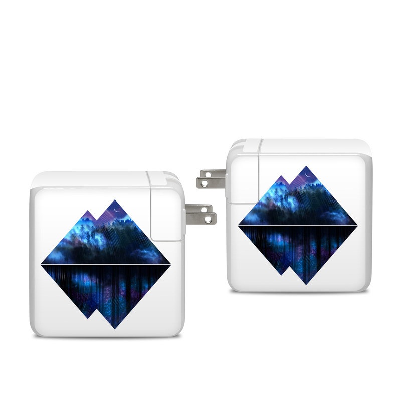 Apple 96W USB-C Power Adapter Skin design of Blue, Cobalt blue, Pyramid, Pattern, Electric blue, Design, Fractal art, Sky, Triangle, Space, with white, blue, purple, black colors