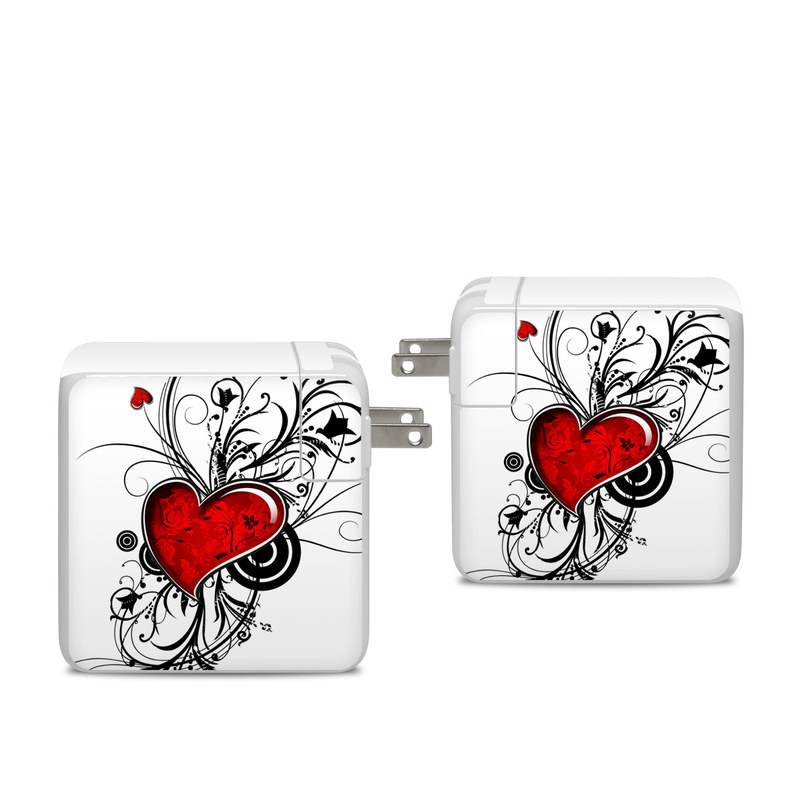 Apple 96W USB-C Power Adapter Skin design of Heart, Line art, Love, Clip art, Plant, Graphic design, Illustration, with white, gray, black, red colors
