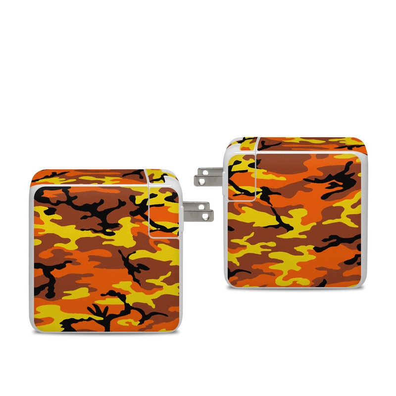 Apple 96W USB-C Power Adapter Skin design of Military camouflage, Orange, Pattern, Camouflage, Yellow, Brown, Uniform, Design, Tree, Wildlife, with red, green, black colors