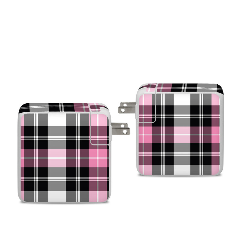 Apple 96W USB-C Power Adapter Skin design of Plaid, Tartan, Pattern, Pink, Purple, Violet, Line, Textile, Magenta, Design, with black, gray, pink, red, white, purple colors