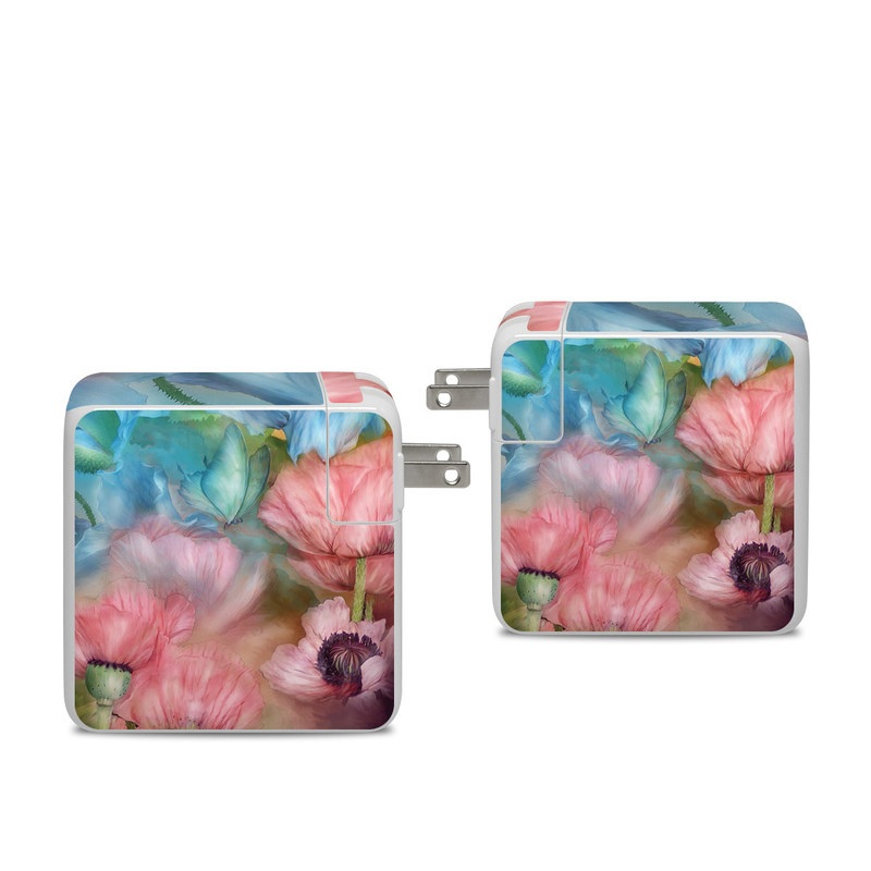 Apple 96W USB-C Power Adapter Skin design of Flower, Petal, Watercolor paint, Painting, Plant, Flowering plant, Pink, Botany, Wildflower, Still life, with gray, blue, black, red, green colors