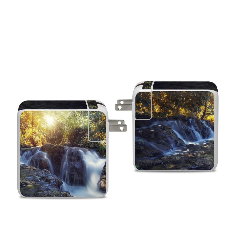Apple 96W USB-C Power Adapter Skin design of Waterfall, Natural landscape, Body of water, Nature, Water resources, Water, Watercourse, Stream, Nature reserve, Rock, with gray, yellow, orange, green, white, blue colors