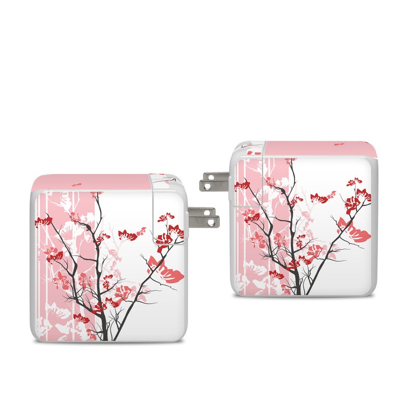 Apple 96W USB-C Power Adapter Skin design of Branch, Red, Flower, Plant, Tree, Twig, Blossom, Botany, Pink, Spring, with white, pink, gray, red, black colors