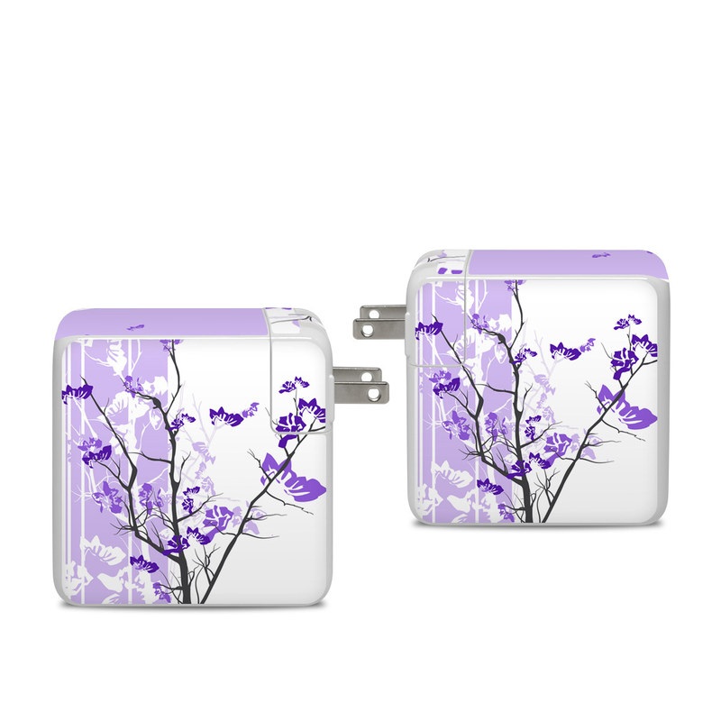 Apple 96W USB-C Power Adapter Skin design of Branch, Purple, Violet, Lilac, Lavender, Plant, Twig, Flower, Tree, Wildflower, with white, purple, gray, pink, black colors