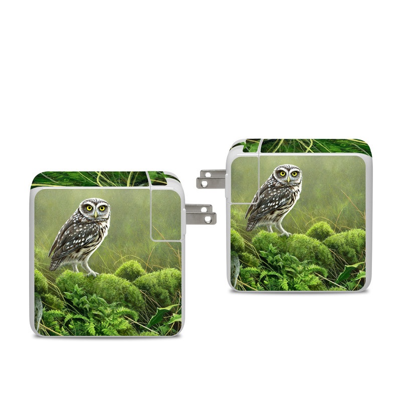 Apple 96W USB-C Power Adapter Skin design of Nature, Owl, Bird, Bird of prey, great grey owl, Adaptation, Terrestrial plant, Wildlife, Plant, Organism, with brown, gray, green, white colors
