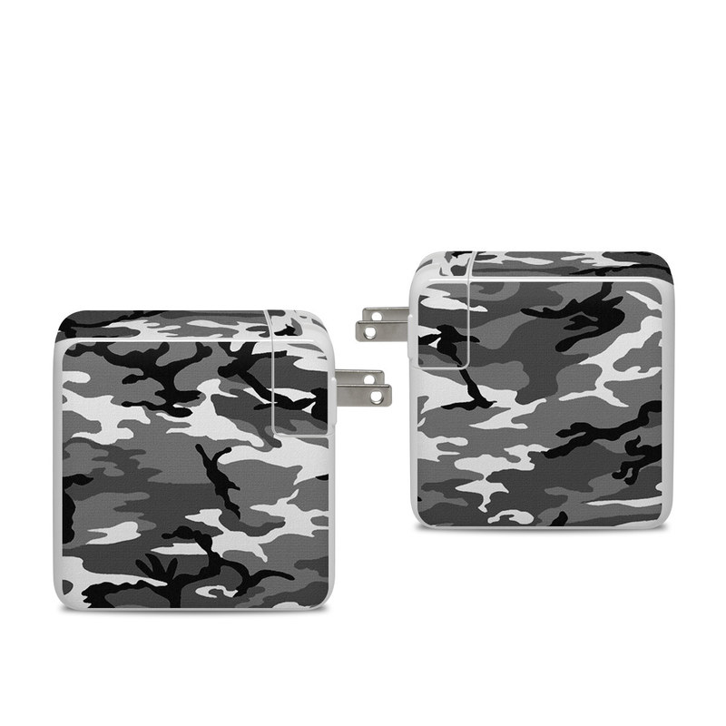 Apple 96W USB-C Power Adapter Skin design of Military camouflage, Pattern, Clothing, Camouflage, Uniform, Design, Textile with black, gray colors