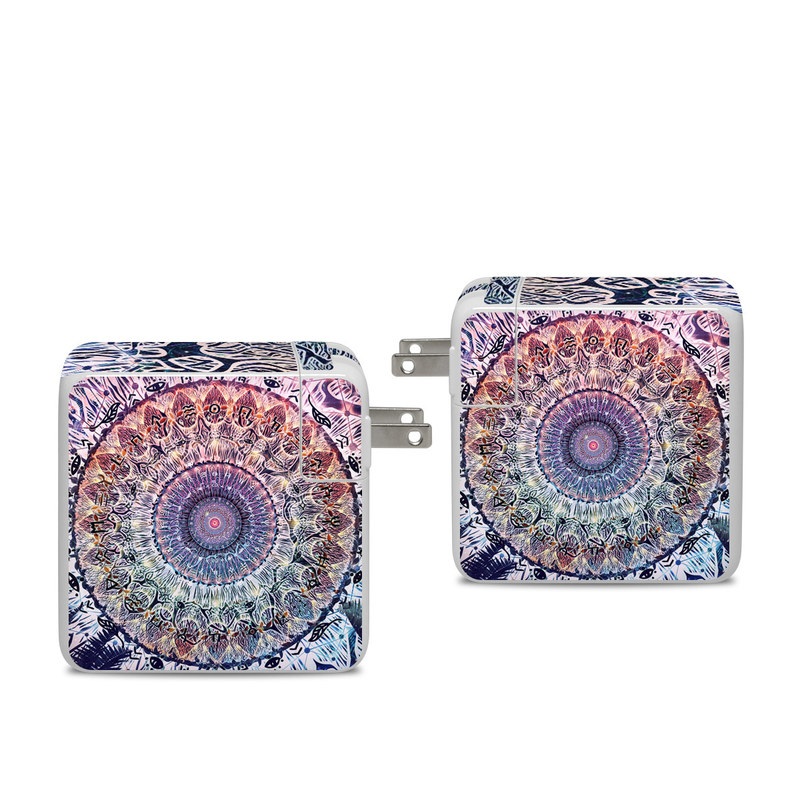 Apple 96W USB-C Power Adapter Skin design of Tapestry, Pattern, Art, Close-up, Circle, Fractal art, Textile, Eye, Design, Kaleidoscope, with blue, red, yellow, purple, green colors