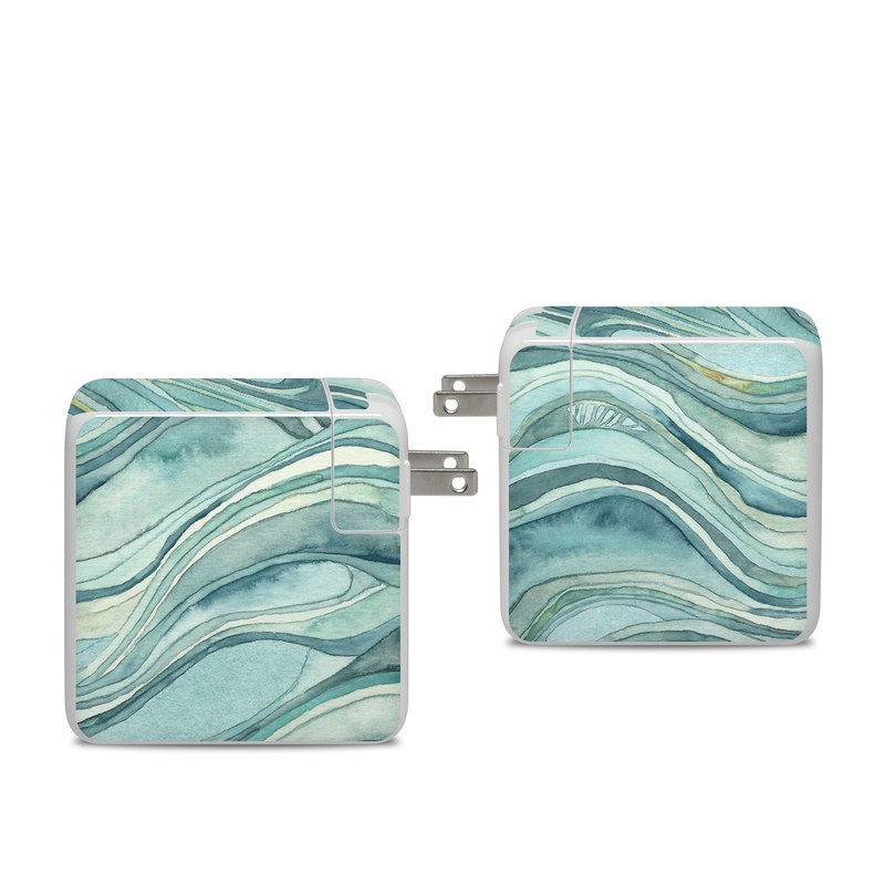 Apple 96W USB-C Power Adapter Skin design of Aqua, Blue, Pattern, Turquoise, Teal, Water, Design, Line, Wave, Textile, with gray, blue colors