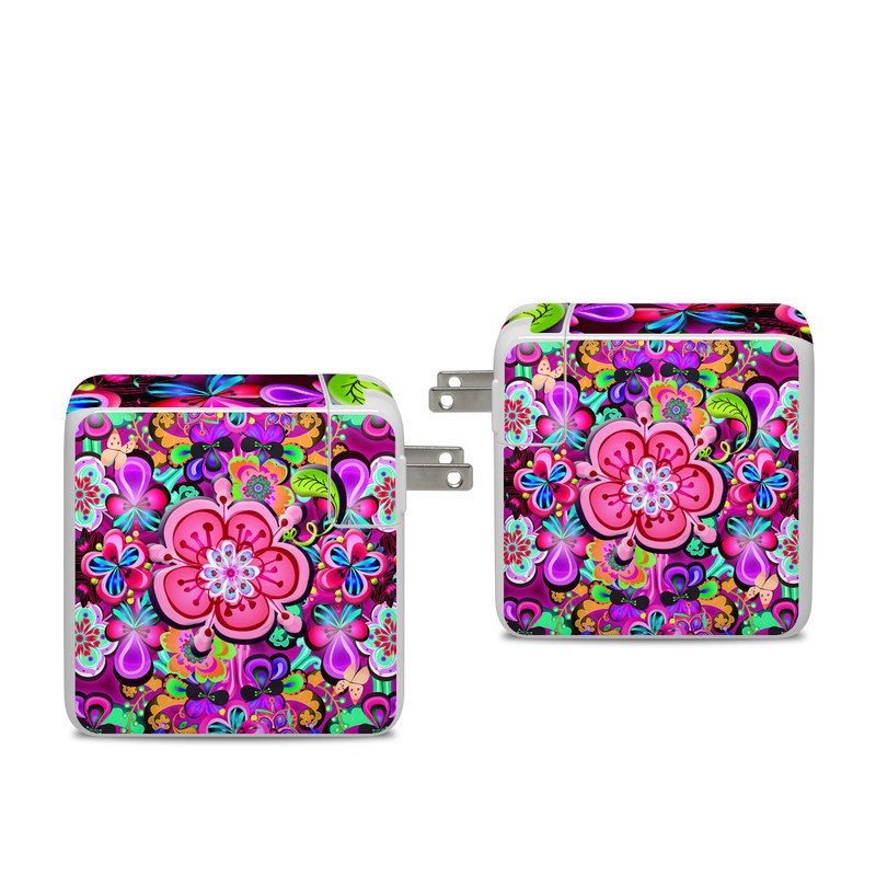 Apple 96W USB-C Power Adapter Skin design of Pattern, Pink, Design, Textile, Magenta, Art, Visual arts, Paisley, with purple, black, red, gray, blue colors