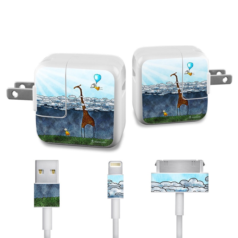 Apple 12W USB Power Adapter Skin design of Giraffe, Sky, Tree, Water, Branch, Giraffidae, Illustration, Cloud, Grassland, Bird, with blue, gray, yellow, green colors