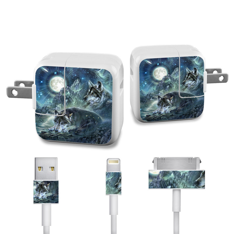 Apple 12W USB Power Adapter Skin design of Cg artwork, Fictional character, Darkness, Werewolf, Illustration, Wolf, Mythical creature, Graphic design, Dragon, Mythology, with black, blue, gray, white colors