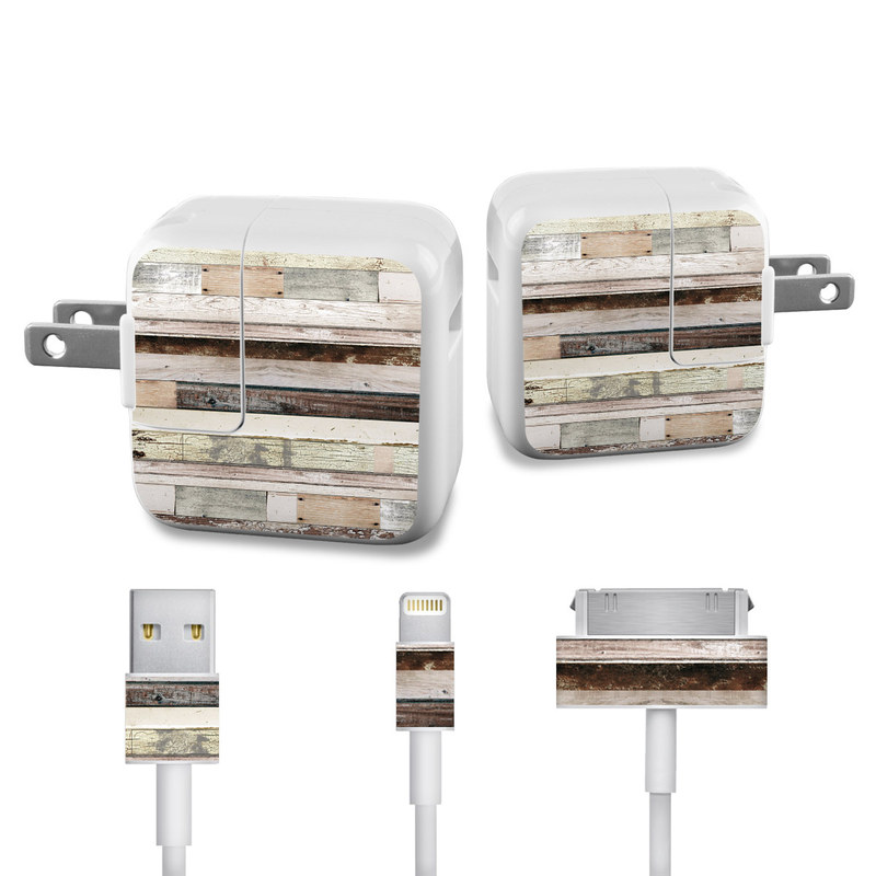 Apple 12W USB Power Adapter Skin design of Wood, Wall, Plank, Line, Lumber, Wood stain, Beige, Parallel, Hardwood, Pattern, with brown, white, gray, yellow colors