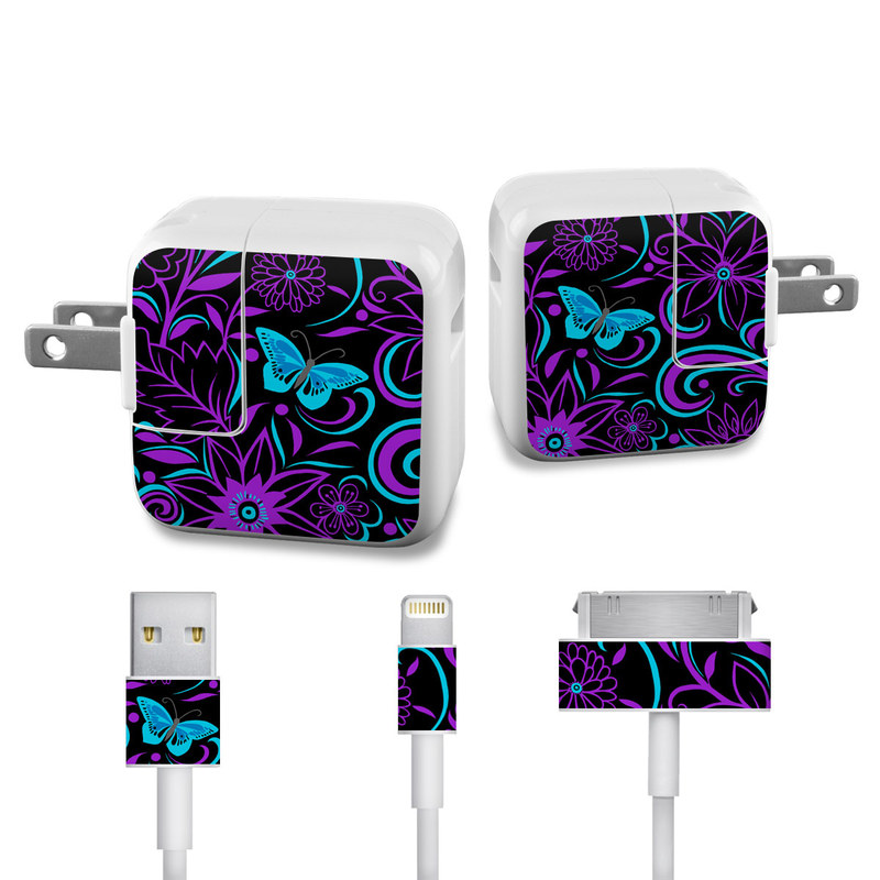 Apple 12W USB Power Adapter Skin design of Pattern, Purple, Violet, Turquoise, Teal, Design, Floral design, Visual arts, Magenta, Motif, with black, purple, blue colors