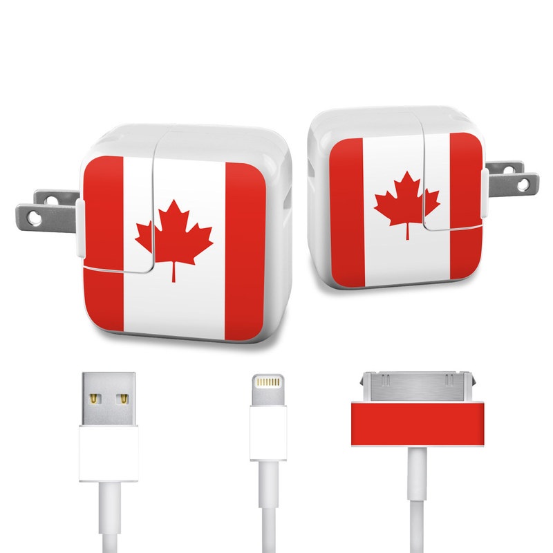 Apple 12W USB Power Adapter Skin design of Red, Maple leaf, Tree, Leaf, Woody plant, Flag, Plant, Plane, Red flag, Maple, with red, white colors