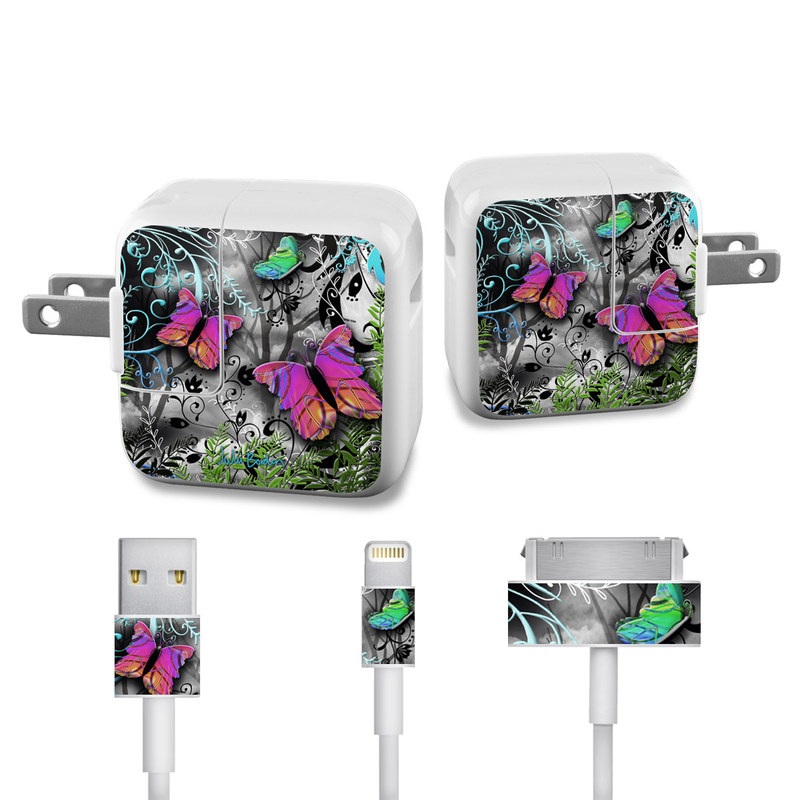 Apple 12W USB Power Adapter Skin design of Butterfly, Pink, Purple, Violet, Organism, Spring, Moths and butterflies, Botany, Plant, Leaf, with black, gray, green, purple, red colors