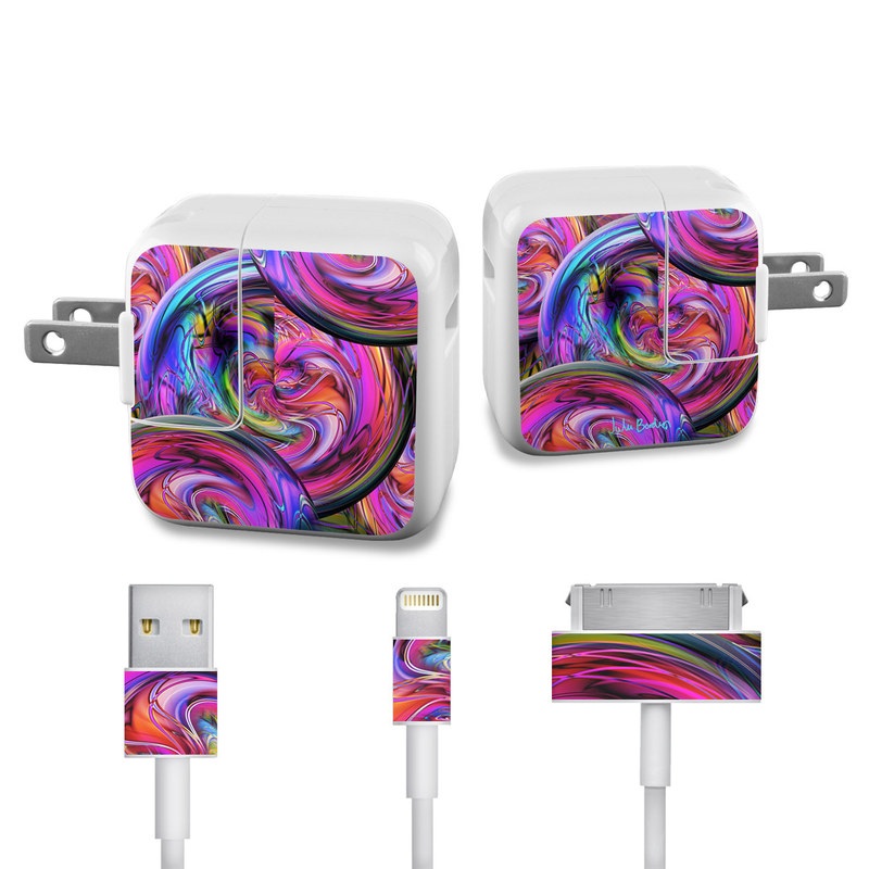 Apple 12W USB Power Adapter Skin design of Pattern, Psychedelic art, Purple, Art, Fractal art, Design, Graphic design, Colorfulness, Textile, Visual arts, with purple, black, red, gray, blue, green colors