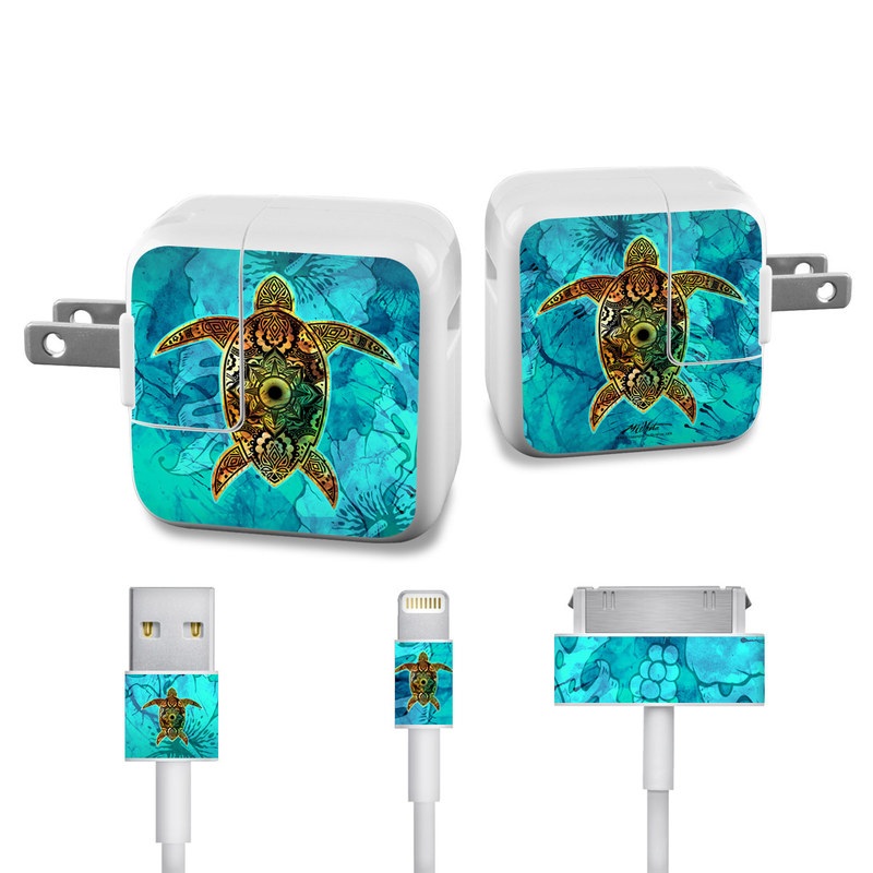Apple 12W USB Power Adapter Skin design of Sea turtle, Green sea turtle, Turtle, Hawksbill sea turtle, Tortoise, Reptile, Loggerhead sea turtle, Illustration, Art, Pattern, with blue, black, green, gray, red colors