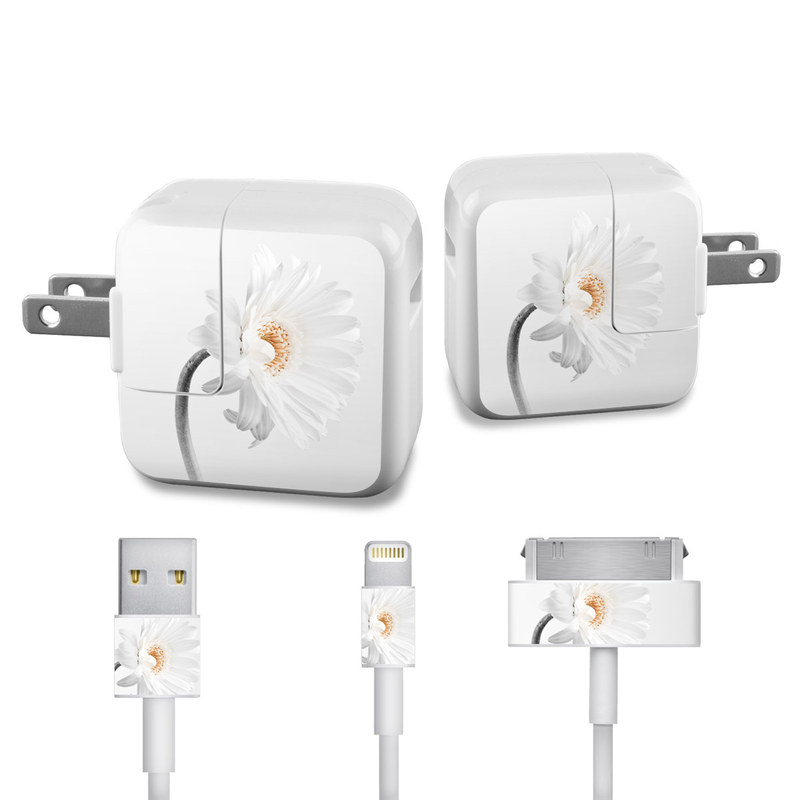 Apple 12W USB Power Adapter Skin design of White, Hair accessory, Headpiece, Gerbera, Petal, Flower, Plant, Still life photography, Headband, Fashion accessory, with white, gray colors