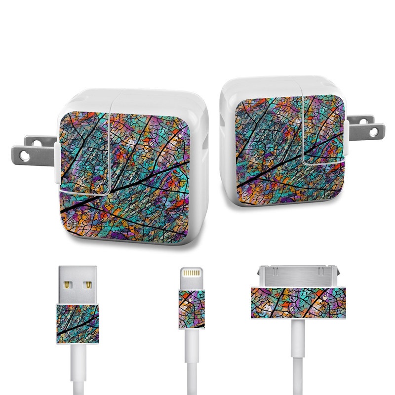 Apple 12W USB Power Adapter Skin design of Pattern, Colorfulness, Line, Branch, Tree, Leaf, Design, Visual arts, Glass, Plant, with black, gray, red, blue, green colors