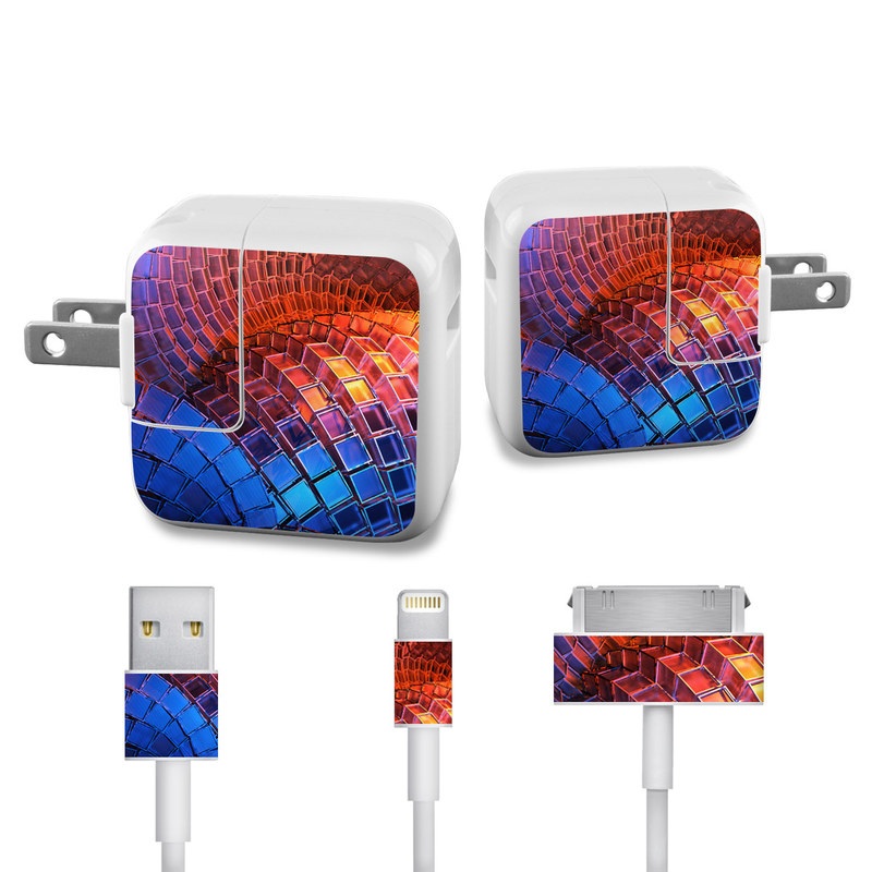 Apple 12W USB Power Adapter Skin design of Blue, Red, Orange, Light, Pattern, Architecture, Design, Fractal art, Colorfulness, Psychedelic art, with black, red, blue, purple, gray colors