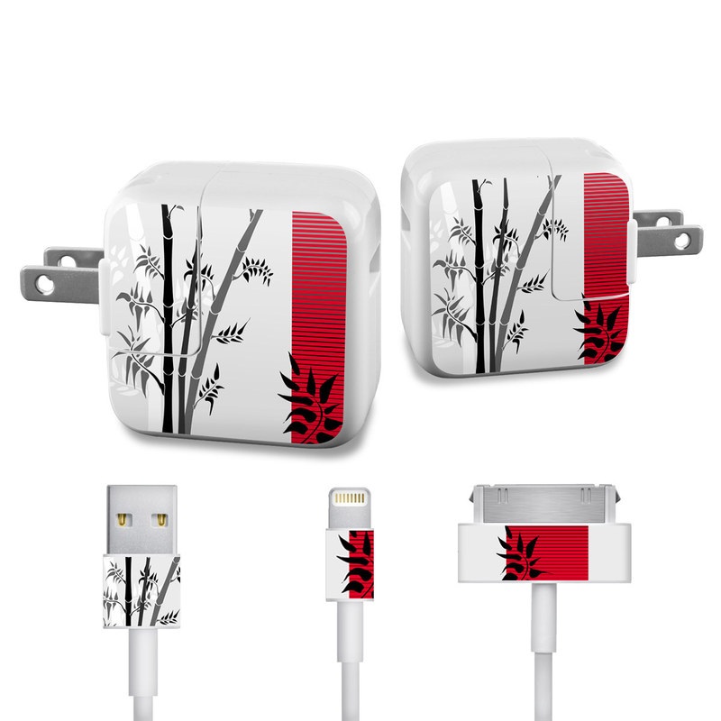 Apple 12W USB Power Adapter Skin design of Botany, Plant, Branch, Plant stem, Tree, Bamboo, Pedicel, Black-and-white, Flower, Twig, with gray, red, black, white colors