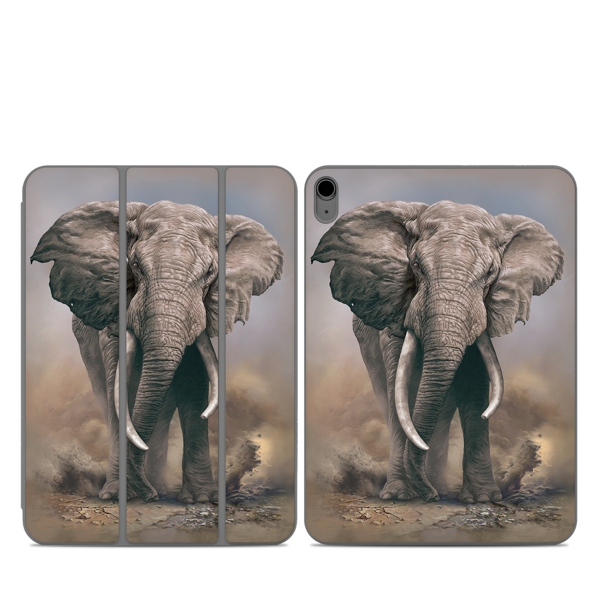 Smart Folio for iPad Series Skin design of Elephants and Mammoths, Terrestrial animal, Indian elephant, African elephant, Wildlife, Tusk, Snout, Organism, Working animal, Illustration, with brown, gray, white colors