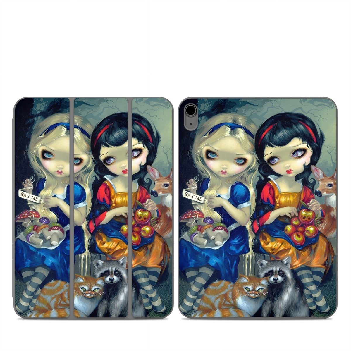 Smart Folio for iPad Series Skin design of Doll, Cartoon, Illustration, Cat, Art, Fawn, Toy, Fictional character, Whiskers, with blue, yellow, red, orange, gray colors