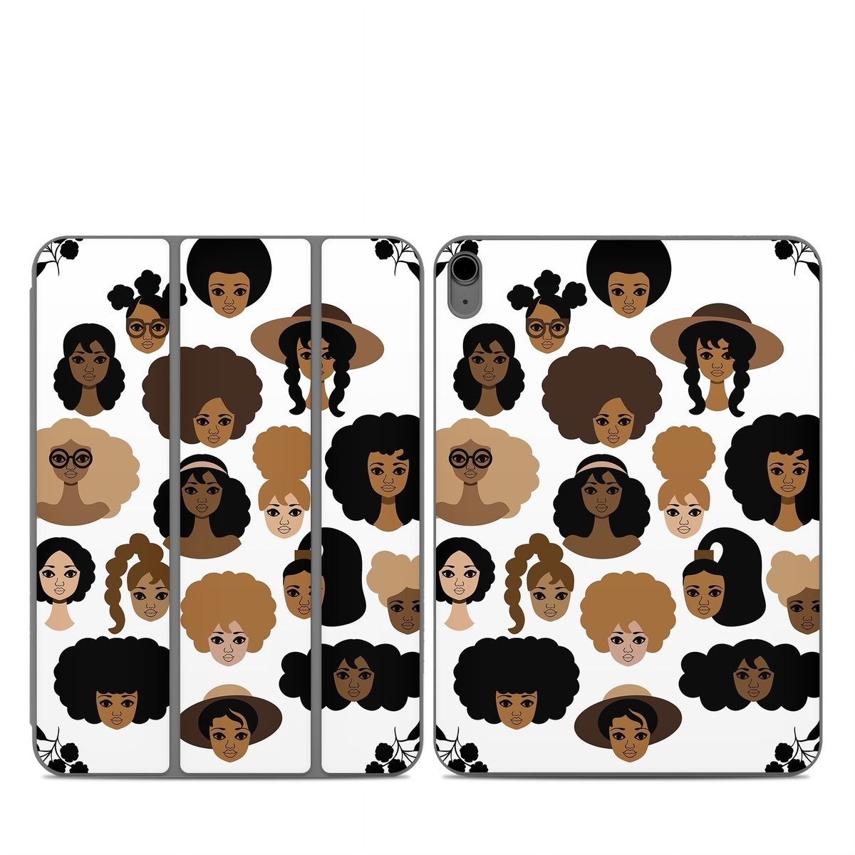 Smart Folio for iPad Series Skin design of Hair, People, Facial expression, Hairstyle, Cartoon, Head, Afro, Clip art, Font, Black hair, with black, brown, white colors