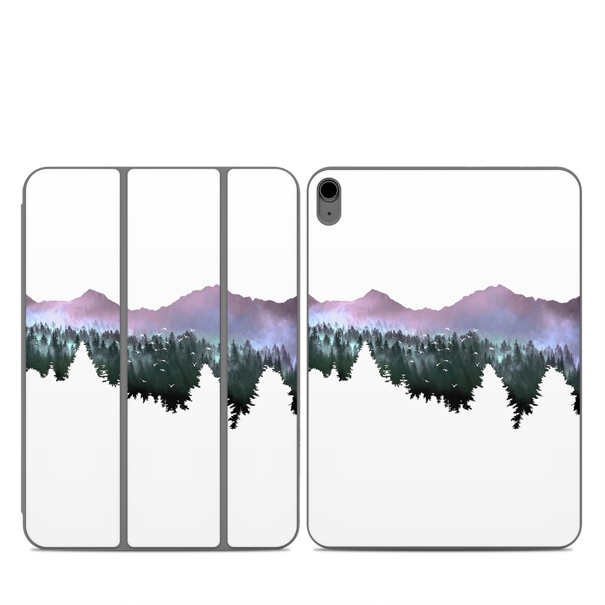 Smart Folio for iPad Series Skin design of Nature, Mountainous landforms, Mountain, Atmospheric phenomenon, Tree, Wilderness, Sky, Mountain range, Forest, Hill, with white, black, purple, blue, green colors