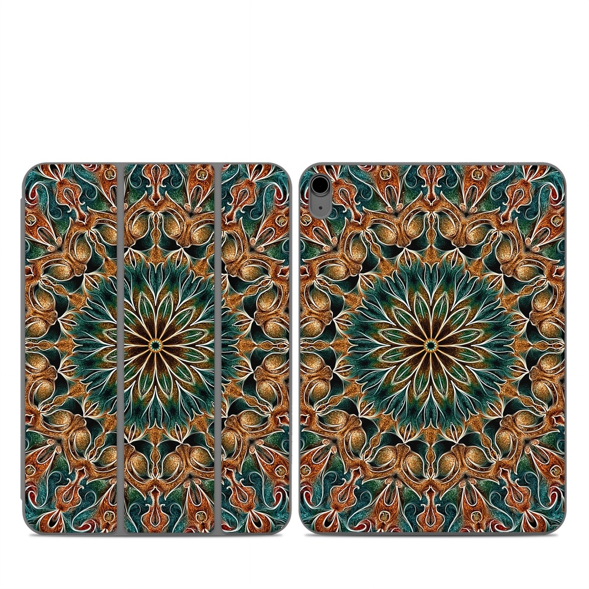 Smart Folio for iPad Series Skin design of Pattern, Symmetry, Textile, Art, Psychedelic art, Tapestry, Design, Visual arts, Kaleidoscope, Motif, with green, orange, yellow, brown, red colors
