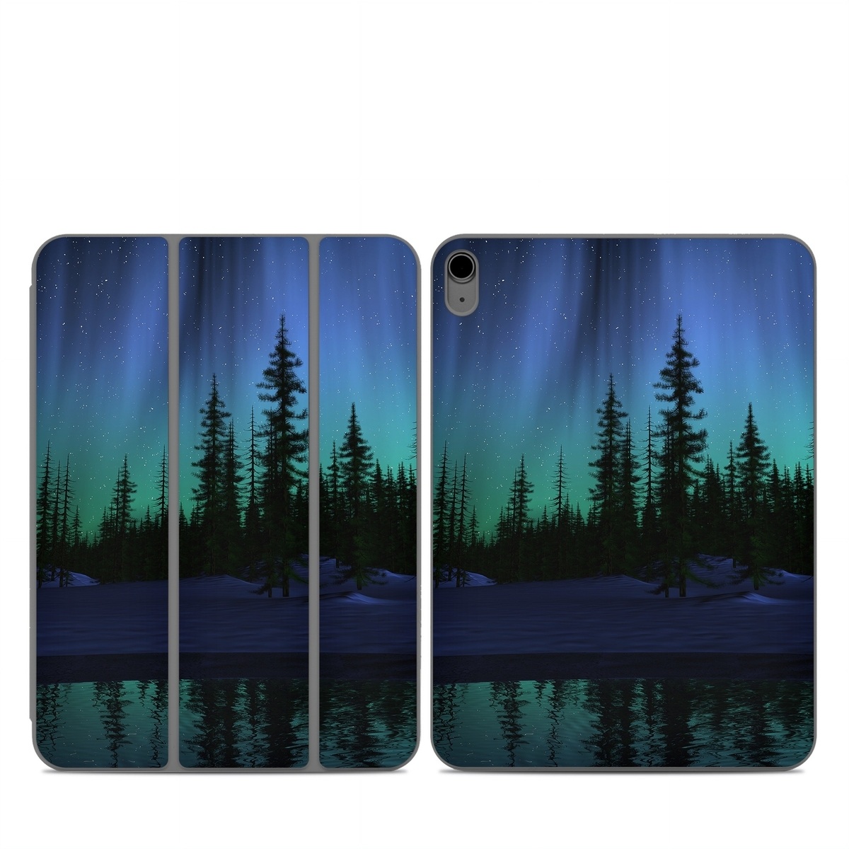 Smart Folio for iPad Series Skin design of Aurora, Nature, Sky, shortleaf black spruce, Natural landscape, Tree, Wilderness, Natural environment, Biome, Spruce-fir forest, with blue, purple, green, black colors