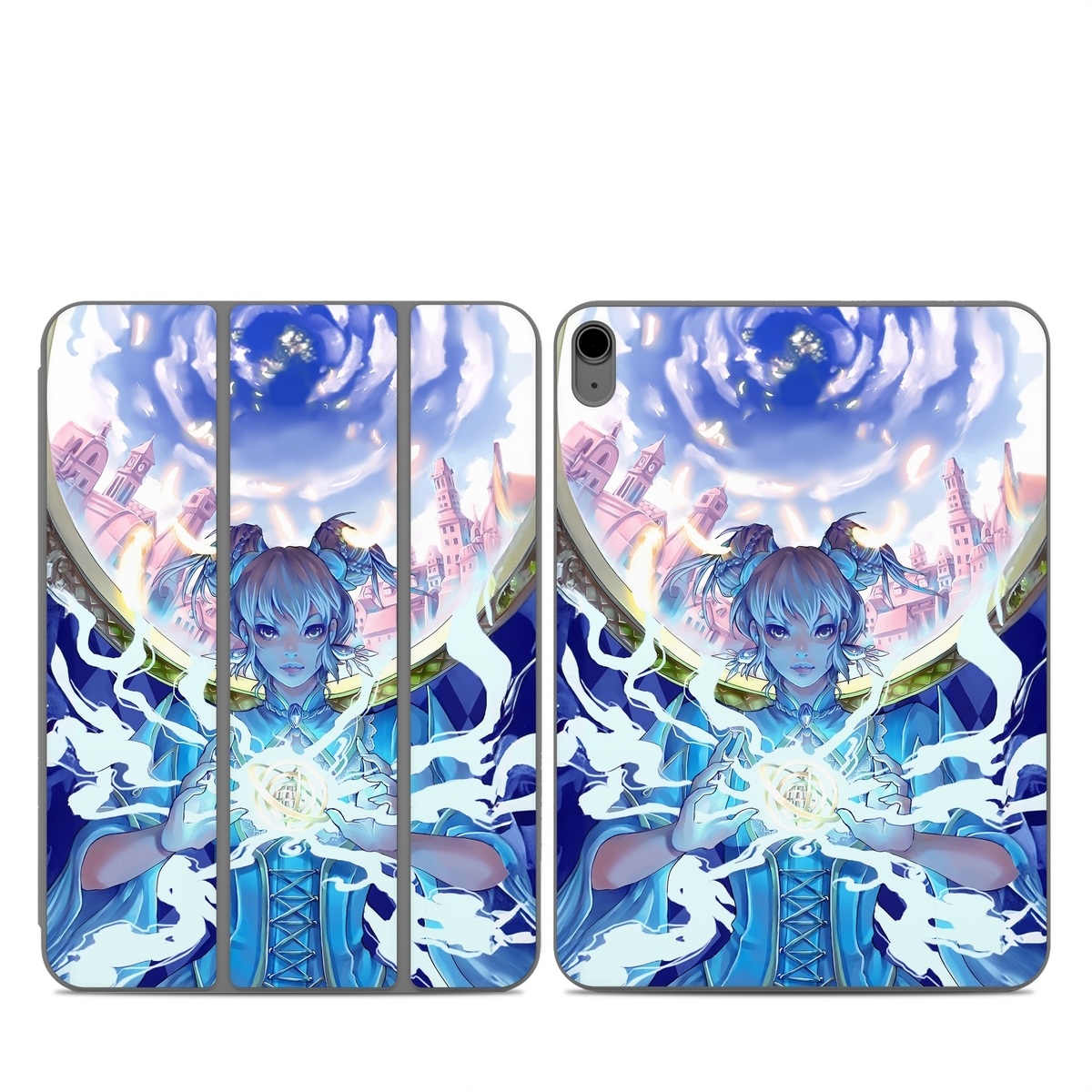 Smart Folio for iPad Series Skin design of Cg artwork, Anime, Cartoon, Sky, Long hair, Illustration, Fictional character, Black hair, Art, with blue, purple, pink, white, yellow colors