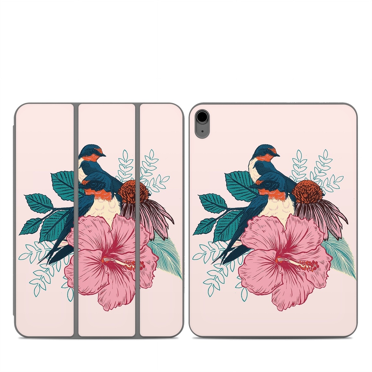 Smart Folio for iPad Series Skin design of Bird, Hawaiian hibiscus, Hibiscus, Illustration, Chinese hibiscus, Botany, Flower, Plant, Malvales, Mallow family, with blue, pink, green, yellow, red colors