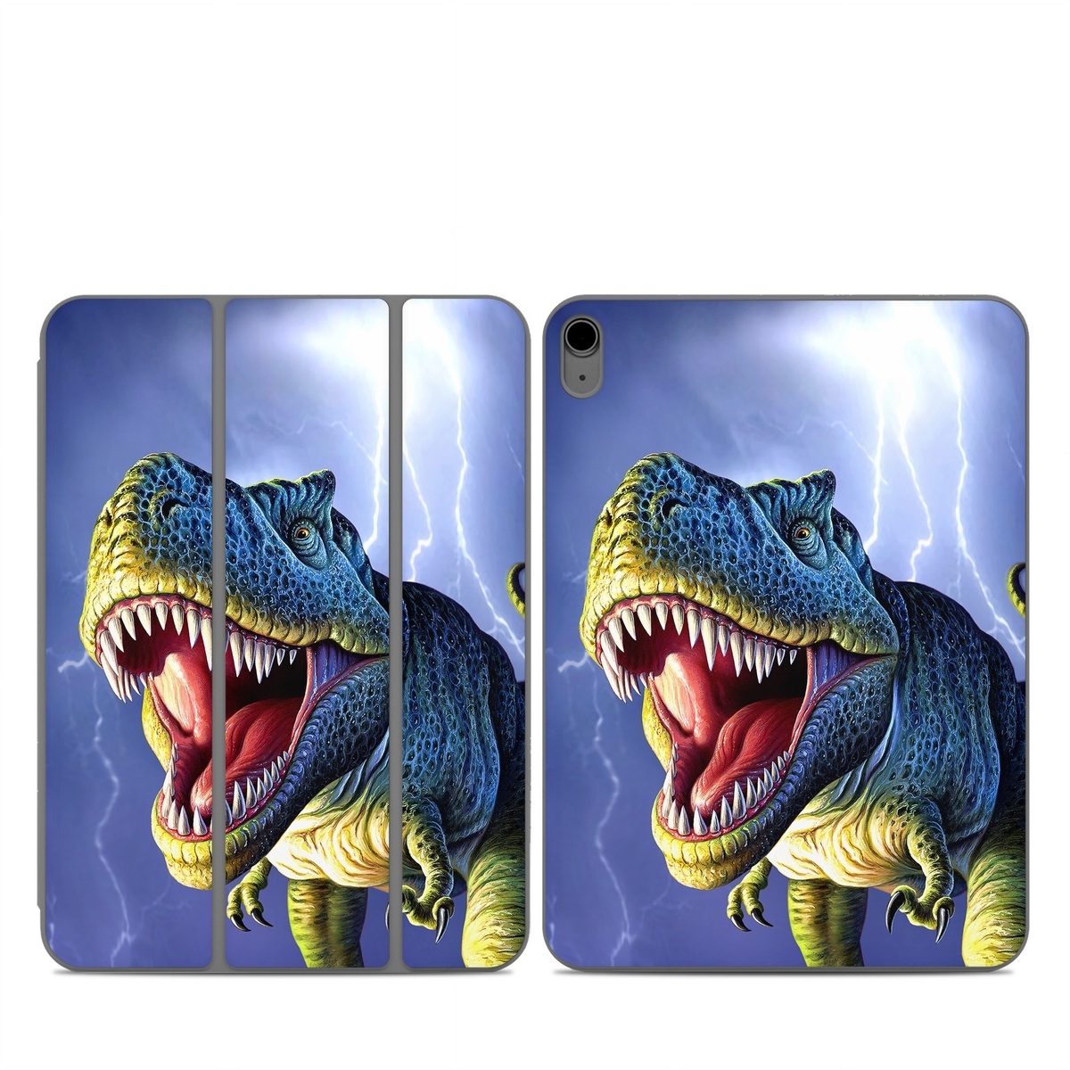 Smart Folio for iPad Series Skin design of Dinosaur, Extinction, Tyrannosaurus, Velociraptor, Tooth, Jaw, Organism, Mouth, Fictional character, Art, with blue, green, yellow, orange, red colors
