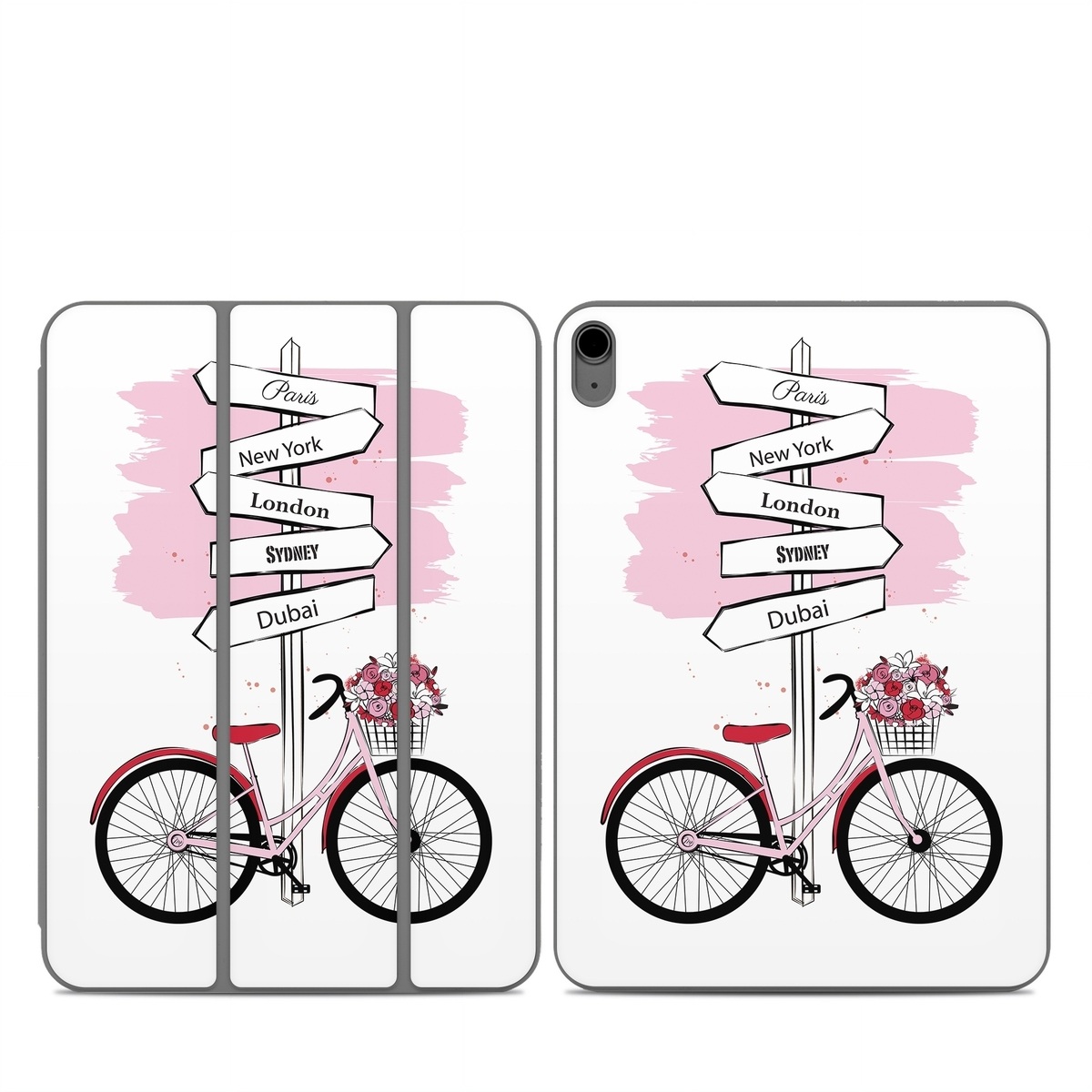 Smart Folio for iPad Series Skin design of Bicycle, Wheel, Bicycles--Equipment and supplies, Tire, Bicycle tire, Bicycle frame, Bicycle wheel, Bicycle wheel rim, Vehicle, Bicycle fork, with white, black, red, pink colors