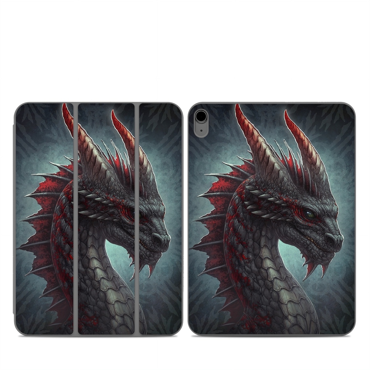 Smart Folio for iPad Series Skin design of Dragon, Fictional character, Mythical creature, Demon, Cg artwork, Illustration, Green dragon, Supernatural creature, Cryptid, with red, gray, blue colors