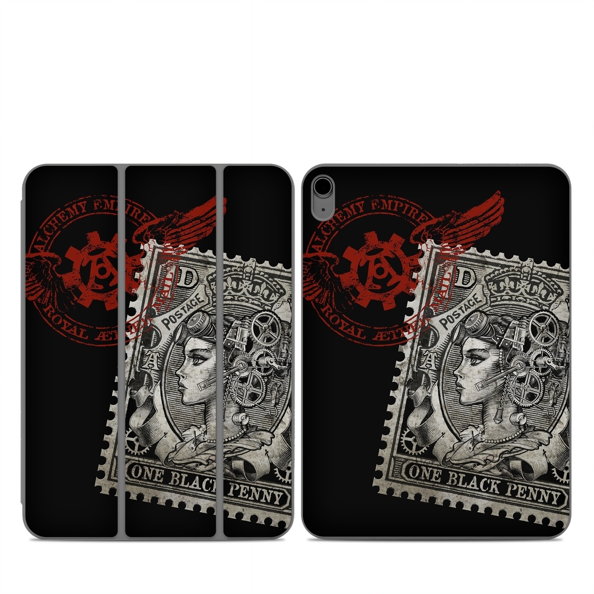 Smart Folio for iPad Series Skin design of Font, Postage stamp, Illustration, Drawing, Art, with black, gray, red colors