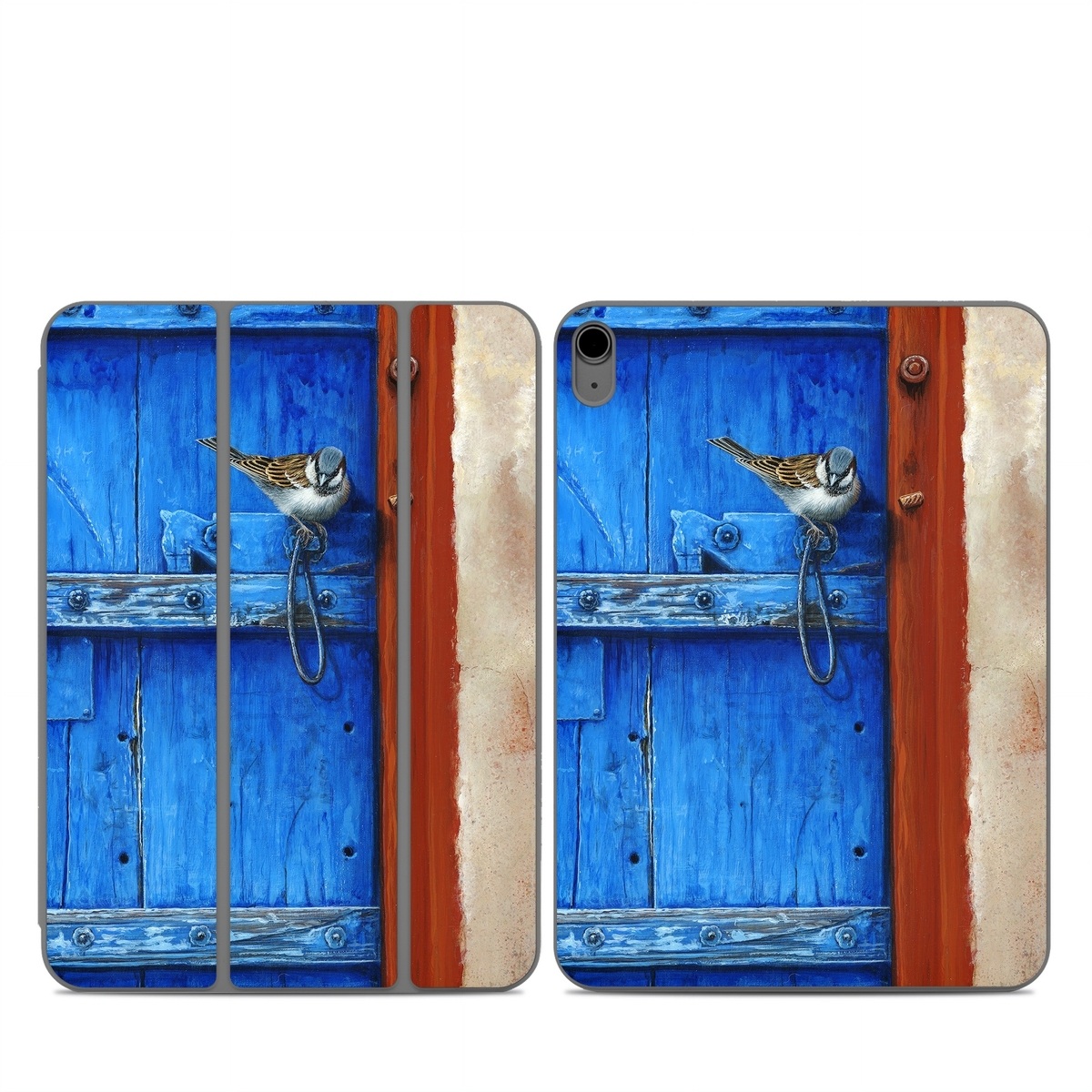 Smart Folio for iPad Series Skin design of Blue, Wood, Door handle, Door, Wall, Door knocker, Electric blue, Still life photography, Window, Handle, with red, blue, brown colors