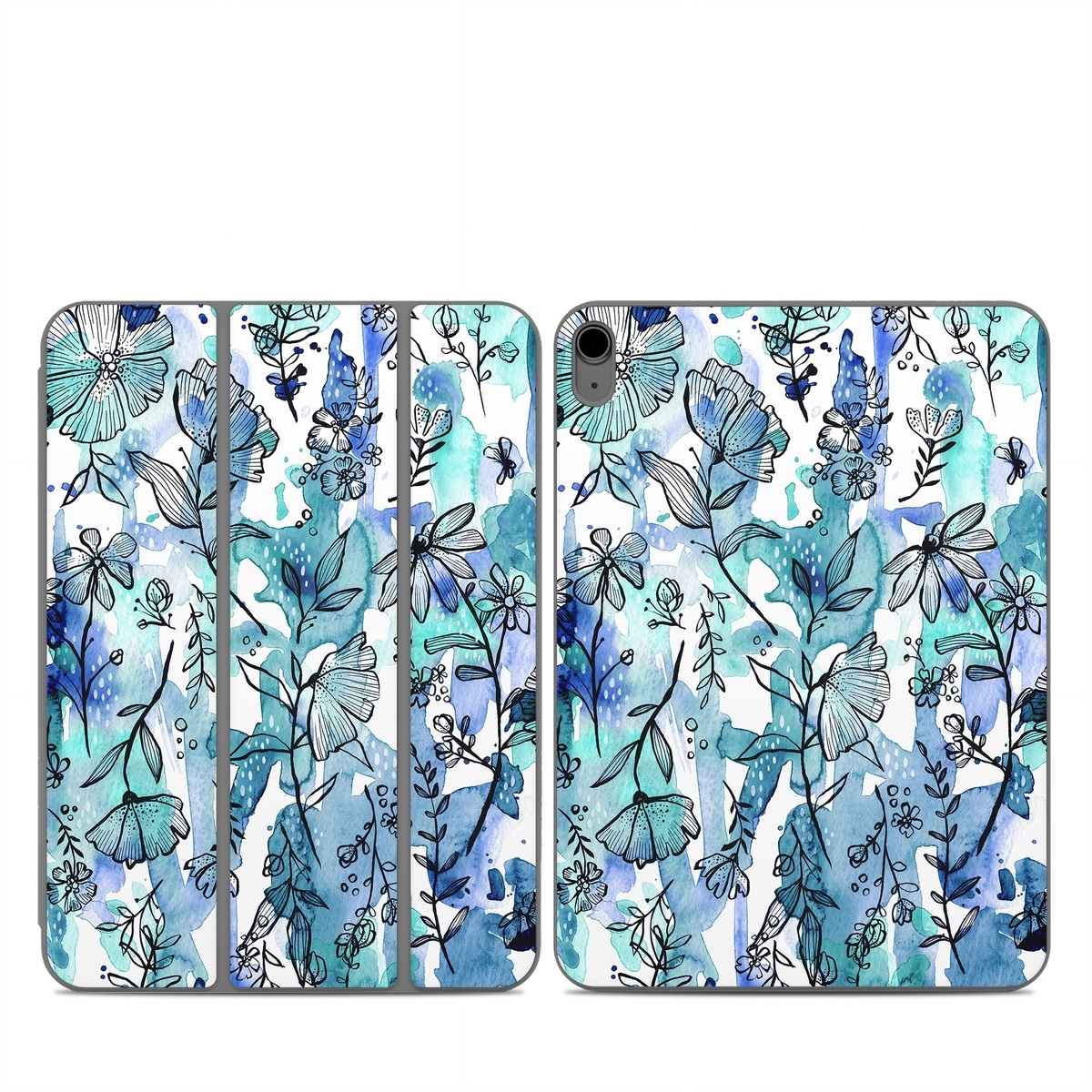 Smart Folio for iPad Series Skin design of Blue, Pattern, Turquoise, Aqua, Design, Textile, Wildflower, Plant, Wrapping paper, Gift wrapping, with blue, white, black, purple colors