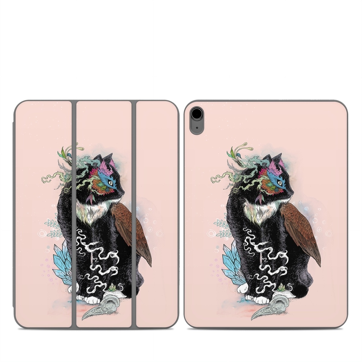 Smart Folio for iPad Series Skin design of Illustration, Owl, Art, Graphic design, Cat, Tail, with pink, black, brown, red, green colors
