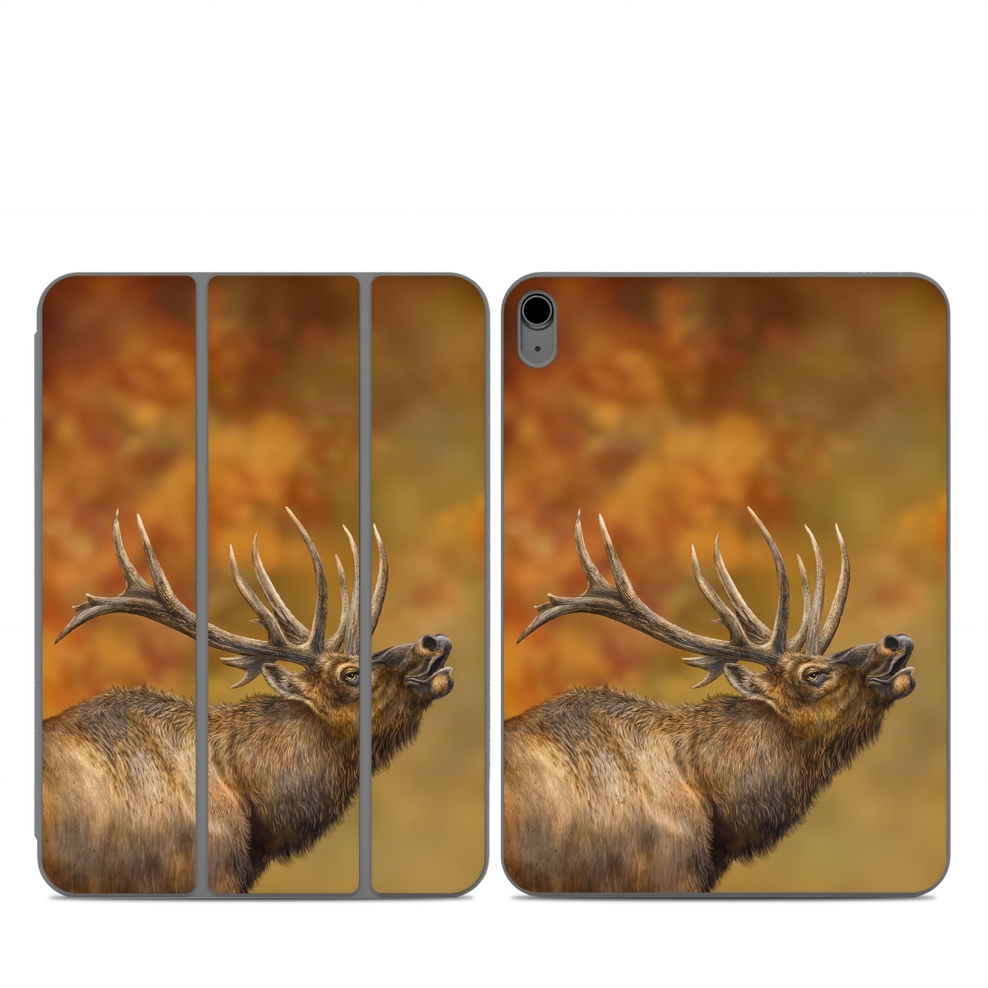 Smart Folio for iPad Series Skin design of Head, Deer, Natural material, Barren ground Caribou, Fawn, Terrestrial animal, Horn, Elk, Snout, Reindeer, with brown, black, orange, yellow, gray colors
