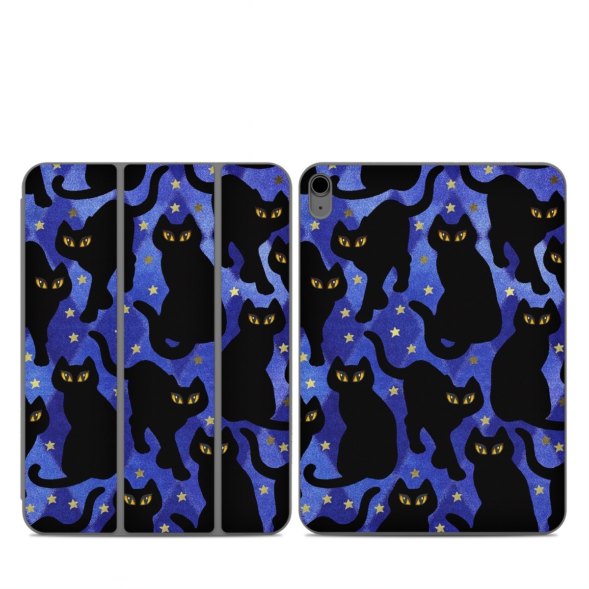Smart Folio for iPad Series Skin design of Black cat, Black, Cat, Small to medium-sized cats, Pattern, Felidae, Design, Electric blue, Illustration, Art, with black, blue, purple, yellow colors