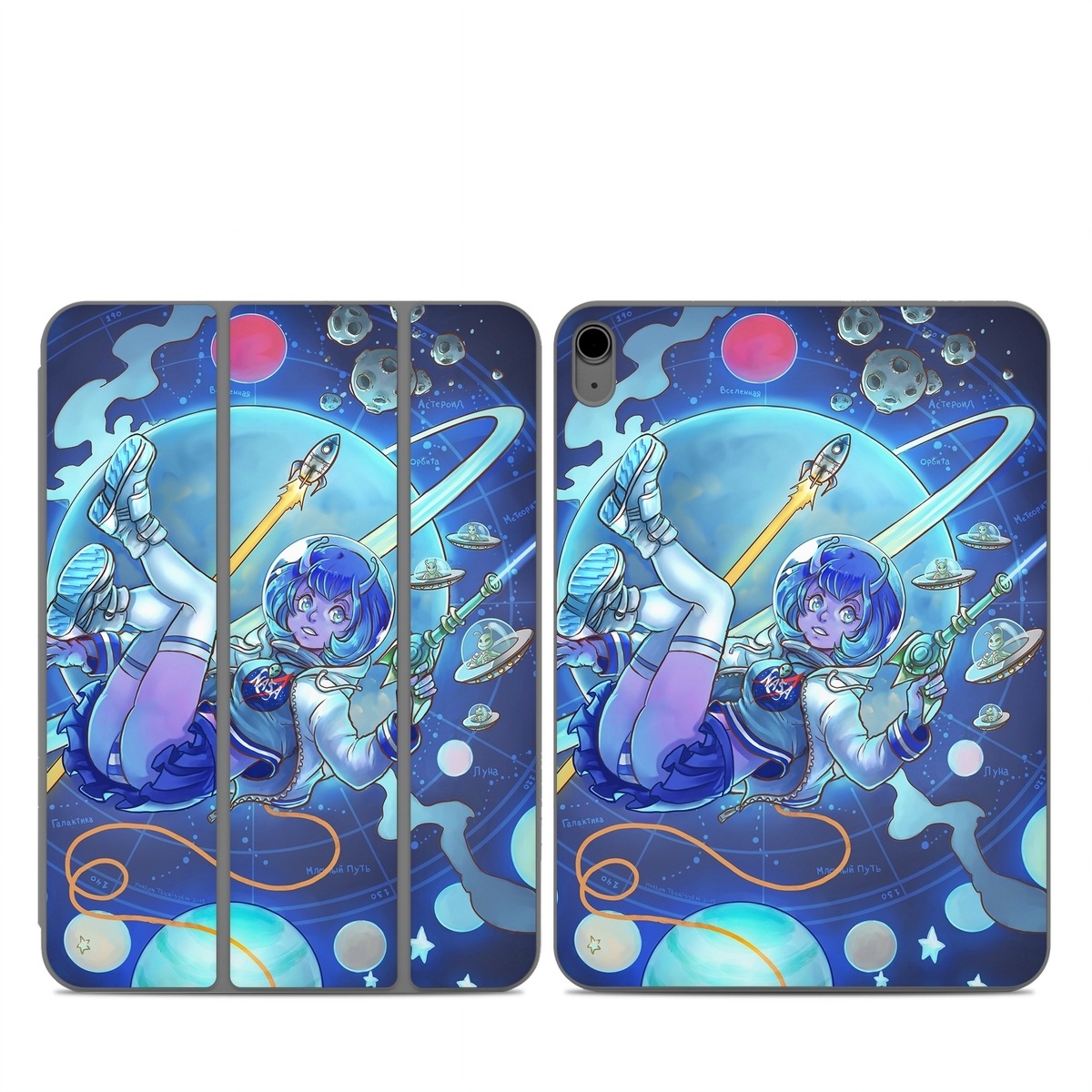 Smart Folio for iPad Series Skin design of Cartoon, Illustration, Graphic design, Games, Space, Design, Anime, Art, Graphics, Fictional character, with blue, white, yellow, purple, green, red, orange, black colors