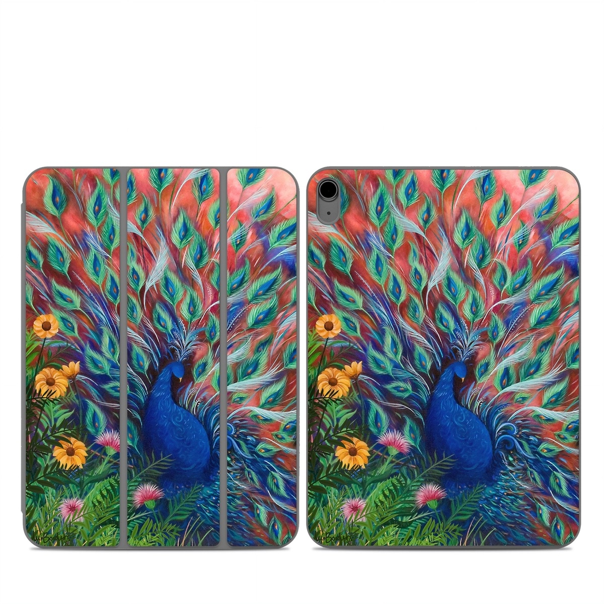 Smart Folio for iPad Series Skin design of Painting, Acrylic paint, Bird, Child art, Art, Galliformes, Peafowl, Visual arts, Watercolor paint, Plant, with black, red, gray, blue, green colors