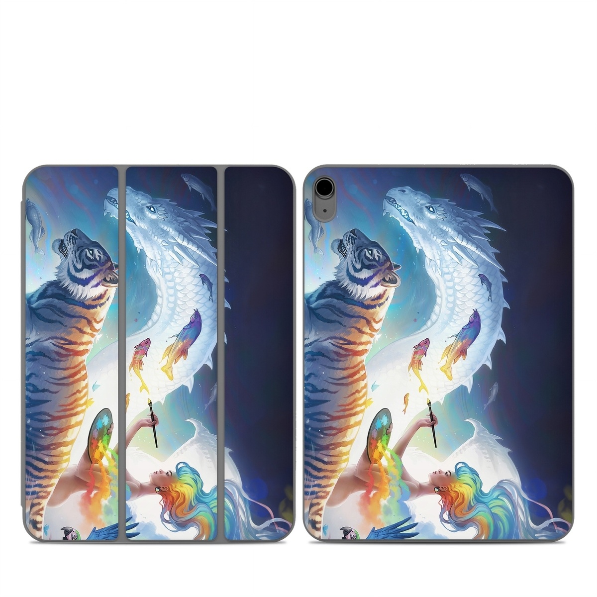 Smart Folio for iPad Series Skin design of Siberian tiger, Bengal tiger, Vertebrate, Tiger, Felidae, Mammal, Water, Carnivore, Art, Painting, with blue, red, yellow, orange, green, purple, black, white colors