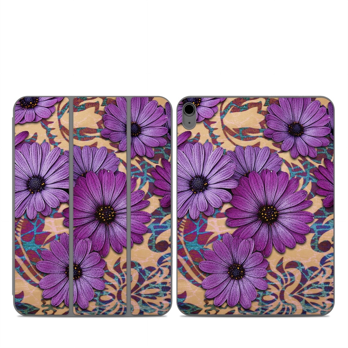 Smart Folio for iPad Series Skin design of Purple, Flower, Violet, Petal, Plant, african daisy, Floral design, Wildflower, Pattern, Textile, with purple, black, gray, blue, green, red colors
